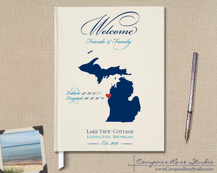 Personalized Lake House Guest Book, Vacation Home Watercolor Map